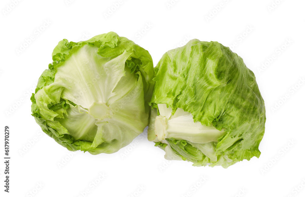 Fresh green iceberg lettuces isolated on white, top view Fresh green iceberg lettuces isolated on white, top view