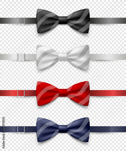 Vector 3d Realistic Striped Blue, Black, Red, White Bow Tie Icon Set Closeup Isolated. Silk Glossy Bowtie, Tie Gentleman. Mockup, Design Template. Bow tie for Man. Mens Fashion, Fathers Day Holiday