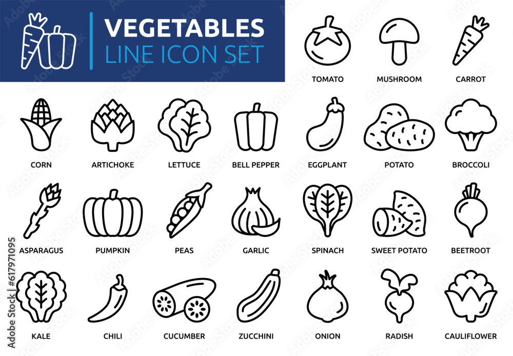Vegetables icon set. Containing tomato, mushroom, carrot, corn, eggplant, beetroot, potato, lettuce and onion icons. Outline icon collection. Vector illustration. - obrazy, fototapety, plakaty 