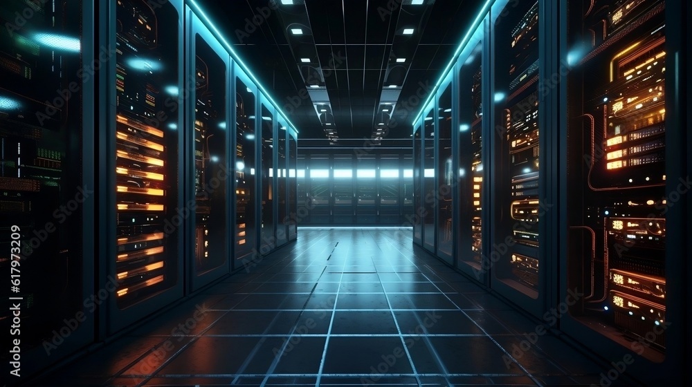 Server Room Interior. Cloud Computing Infrastructure, Data Center.