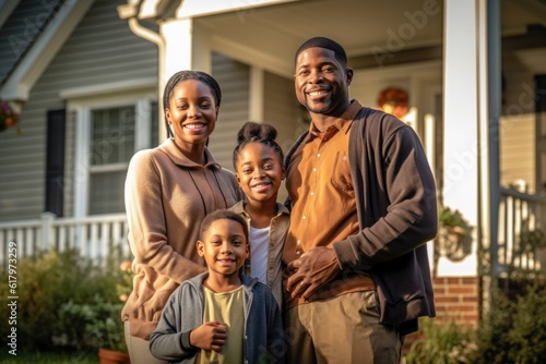 African American family in front of newly bought house ownership smile proudly at real estate success,