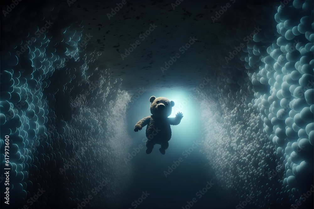 human sized teddy bear free diving into large dark tunnel atmospheric