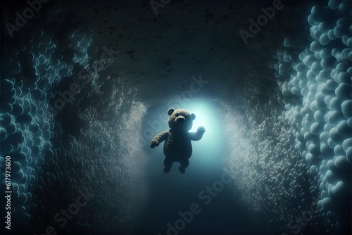 human sized teddy bear free diving into large dark tunnel atmospheric horror dramatic lighting cinema still movie real hyper realistic octane render 4k  photo