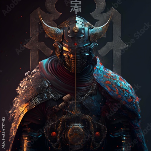 hibrid half futuristic samoura and half bull hightech armor highly detailed electrical sword meditation oil painting minimalistic galaxy on the background upgraded human unreal engine 5 hyper  photo
