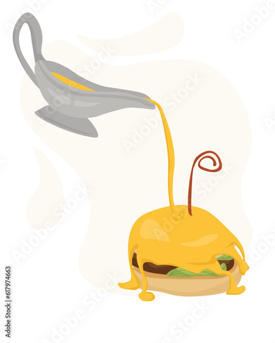 Burger with cheese shower, trendy serving dish with a lot of sauce