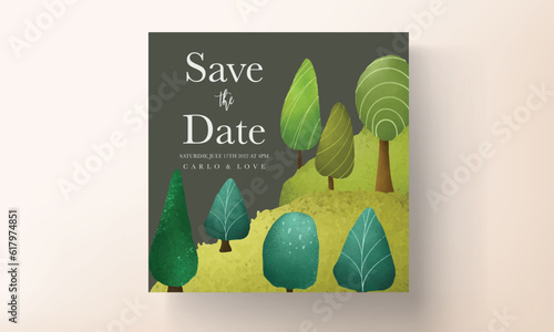 beautiful hand drawn greenery scenery and tree invitation card template