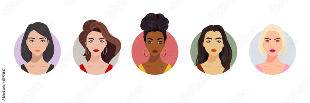 Vector Woman Avatar Set. Beautiful Young Girls Portrait Collection, Different Hairstyle. Female Face Types, Different Nationalities Portraits. Cartoon Multiethnic Society in Flat Style. Front View Vector Woman Avatar Set. Beautiful Young Girls Portrait Collection, Different Hairstyle. Female Face Types, Different Nationalities Portraits. Cartoon Multiethnic Society in Flat Style. Front View