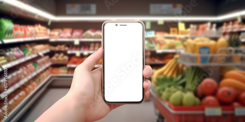 Smartphone with a blank white screen on the background of the vegetable department of the supermarket and close-up. Generative AI