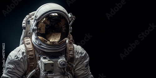 Cosmonaut or astronaut in a spacesuit, close-up and on an isolated black background. Generative AI