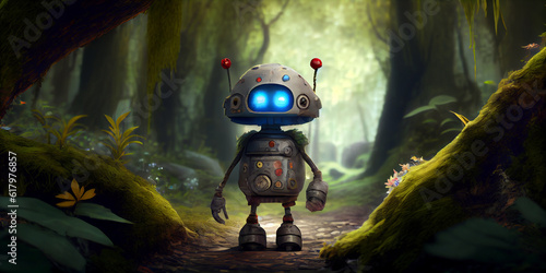 The robot is standing on a forest path. Generative AI