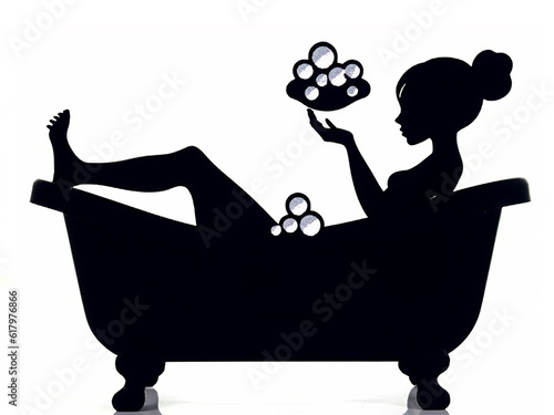 Drawn sketch image of a beautiful young woman sitting coquettishly and bathing playfully in the bathtub. Generative AI photo