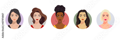 Vector Woman Avatar Set. Beautiful Young Girls Portrait Collection, Different Hairstyle. Female Face Types, Different Nationalities Portraits. Cartoon Multiethnic Society in Flat Style. Front View