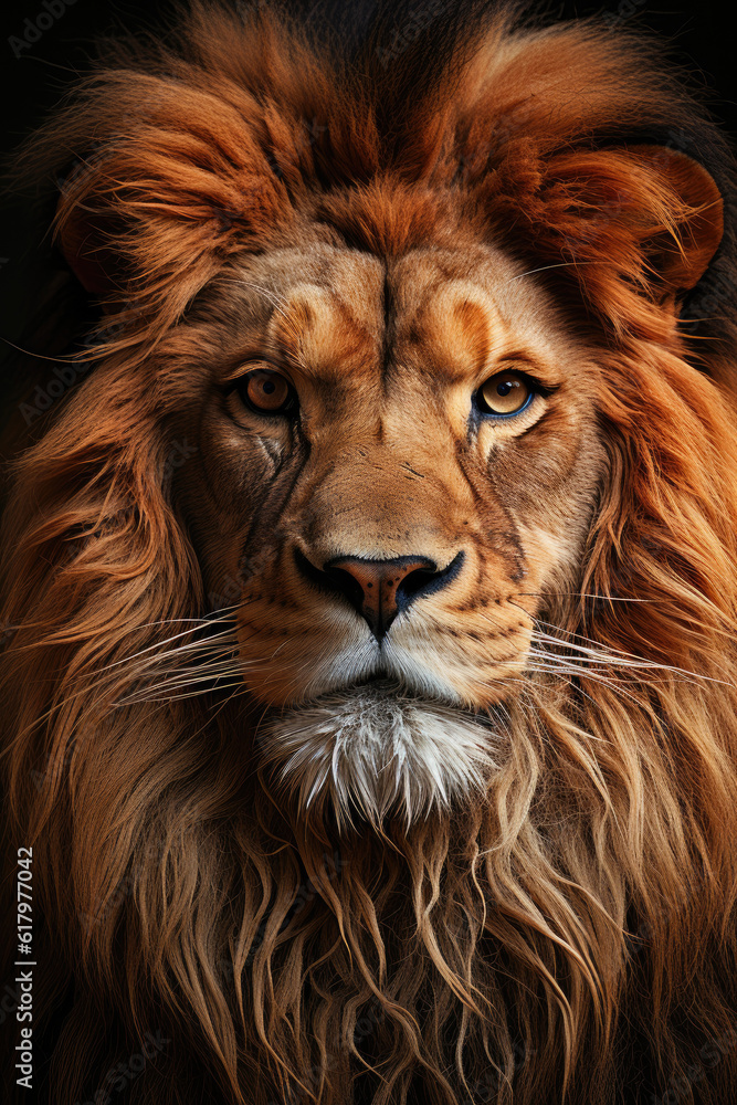 Fototapeta premium A straight face of a lion with fierce eyes,Aigenerative