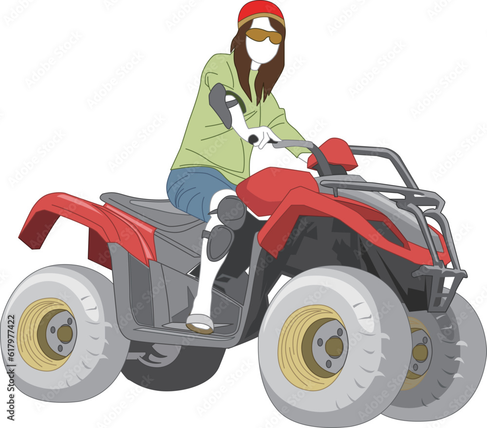 A young woman wearing a hat and a protector is riding a mountain motorcycle.