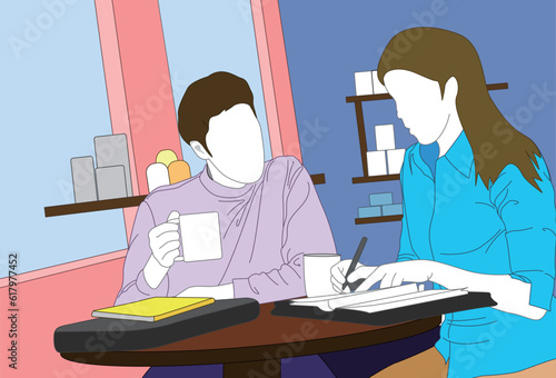 Male and female college students are preparing for college assignments at the cafe