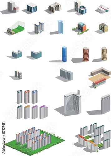Building icons for your design needs. A collection of simplified building icons with a three-dimensional feel