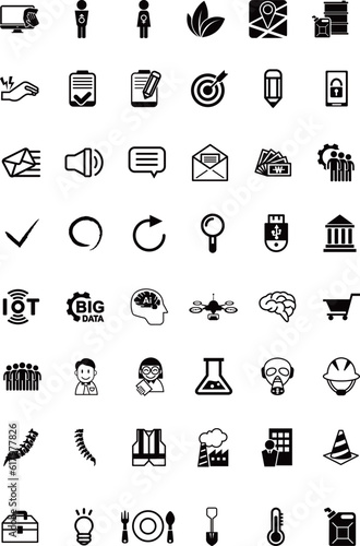 A collection of various icons required for design. Simplified black and white icons