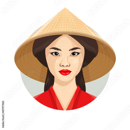 Vector Portrait of Beautiful Young Asian Woman with Chinese, Asian Traditional Conical Straw Hat, Vietnamese Triangle Nonla Hat, Non La Headdress. Asian Women Portrait in Front View
