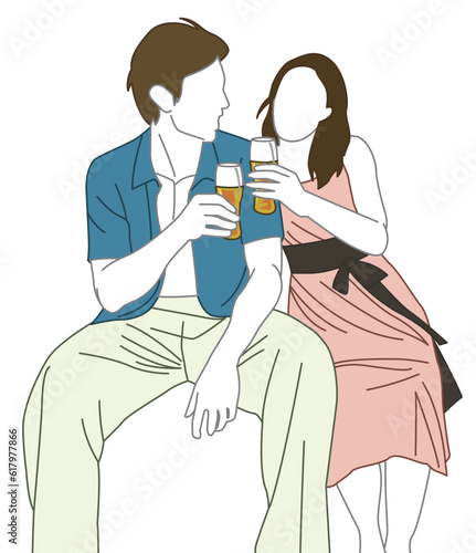 A young couple are drinking beer together