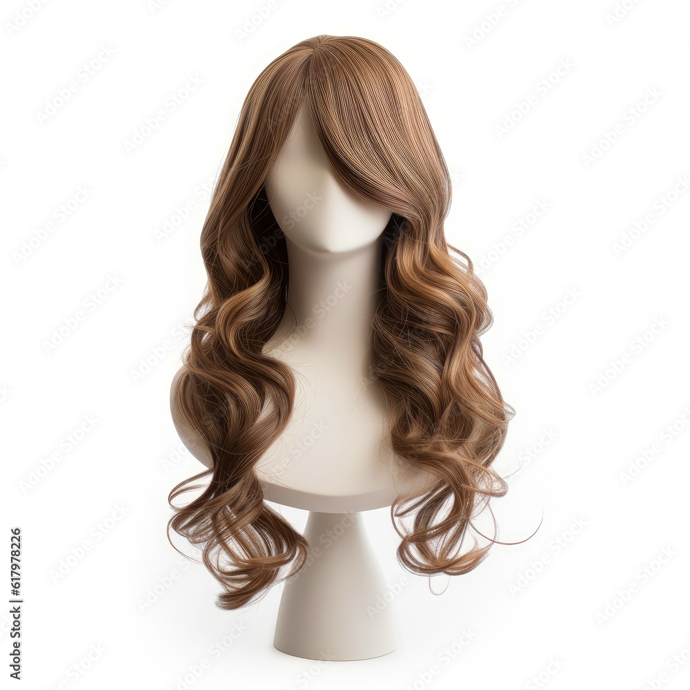 Hair wig over the plastic mannequin head isolated over the white background, mockup featuring contemporary women hairstyles, Generative AI illustration