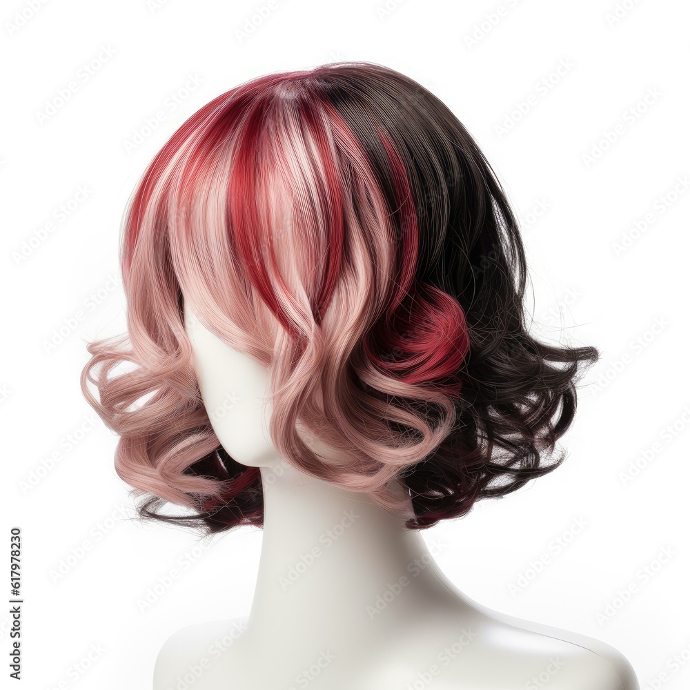 Naklejka premium Hair wig over the plastic mannequin head isolated over the white background, mockup featuring contemporary women hairstyles, Generative AI illustration