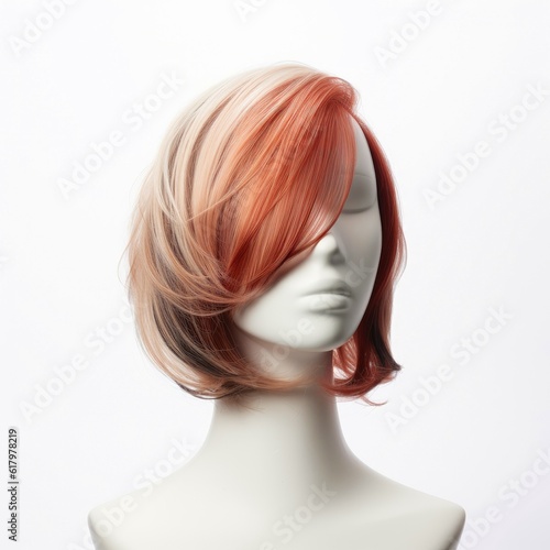 Hair wig over the plastic mannequin head isolated over the white background, mockup featuring contemporary women hairstyles, Generative AI illustration