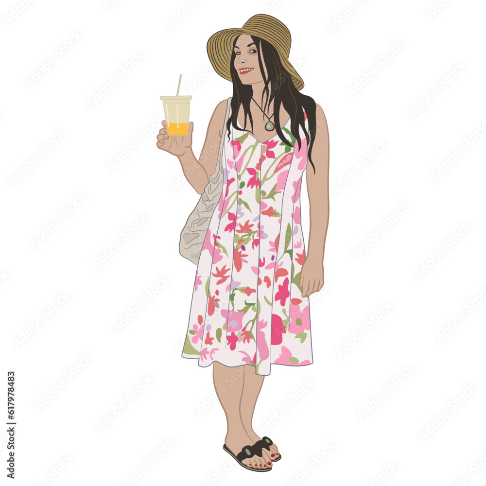 Standing pretty smiling woman in summer dress holding a beverage drink. Cartoon style. Isolated vector illustration. Standing pretty smiling woman in summer dress holding a beverage drink. Cartoon style. Isolated vector illustration.