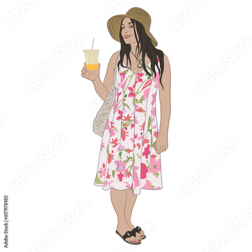 Standing pretty smiling woman in summer dress holding a beverage drink. Cartoon style. Isolated vector illustration.