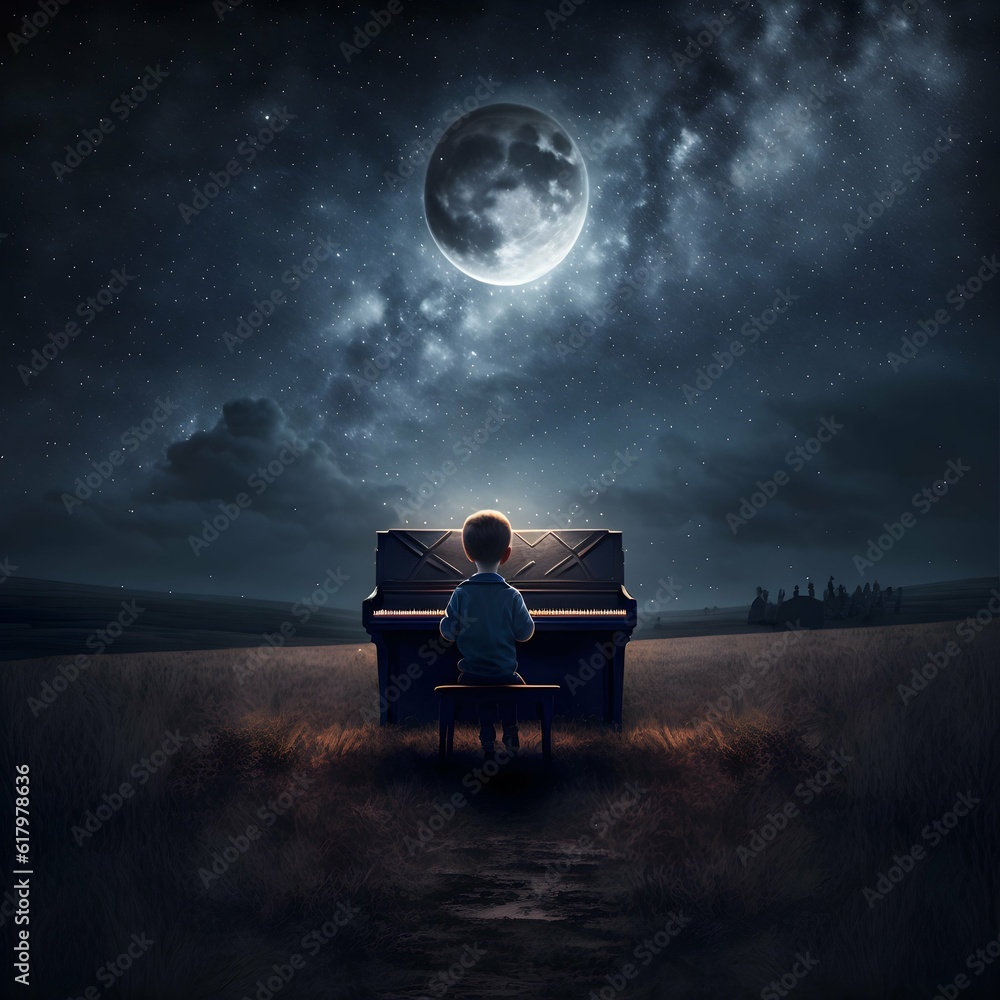 A boy playing piano on the field under the night sky moon shining on ...