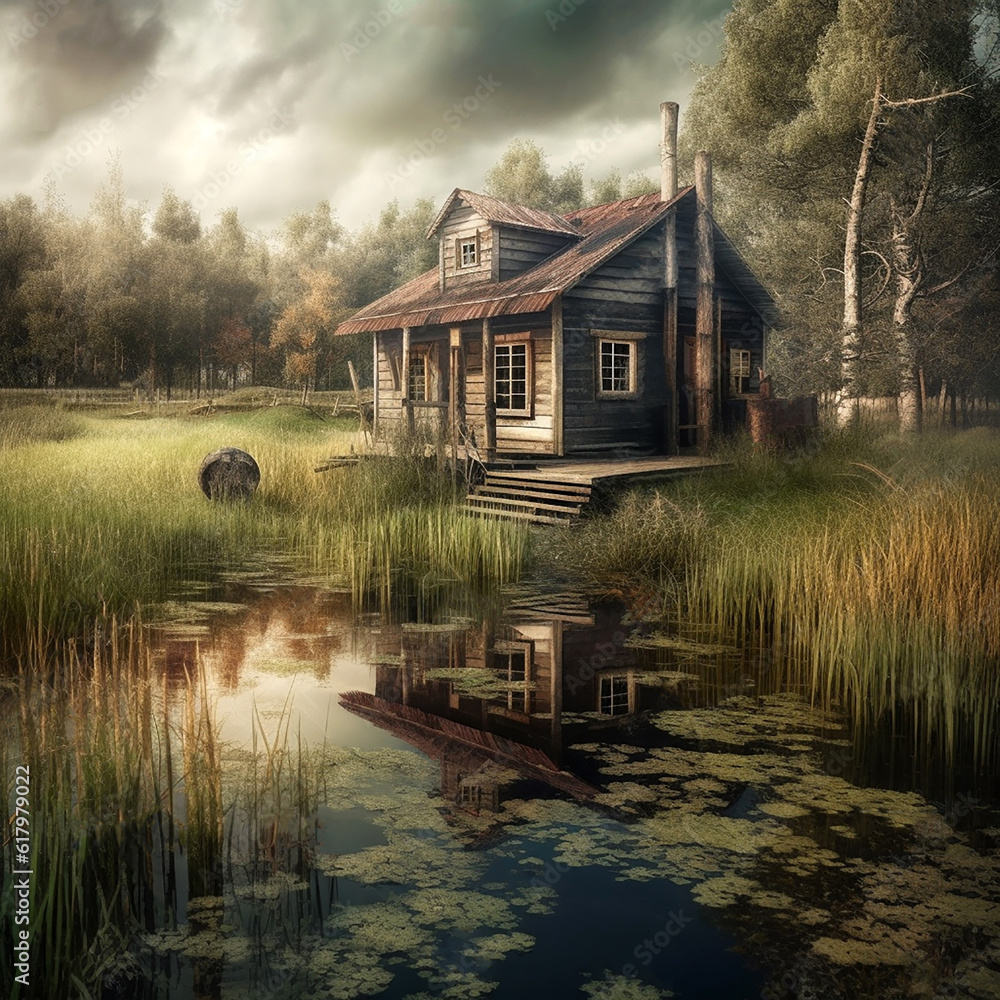 Obraz premium An old wooden hut on the shore of a small overgrown and picturesque forest lake. Generative AI