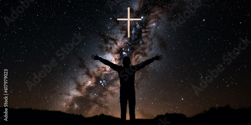 The drawn silhouette of a man standing in nature with his arms outstretched to the sides, against the background of a luminous silhouette of a huge cross in the night cloudy sky. Generative AI