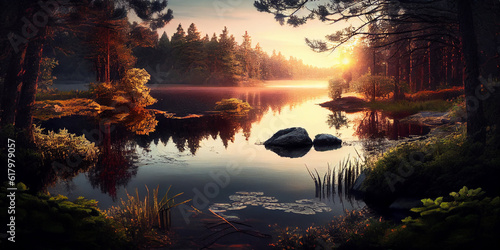 Sunrise over a deserted forest lake. Generative AI © Tatiana