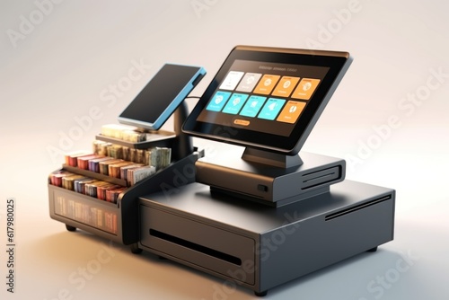 Close-up view of a modern point of sale system with touchscreen display and receipt printer, isolated on a white background