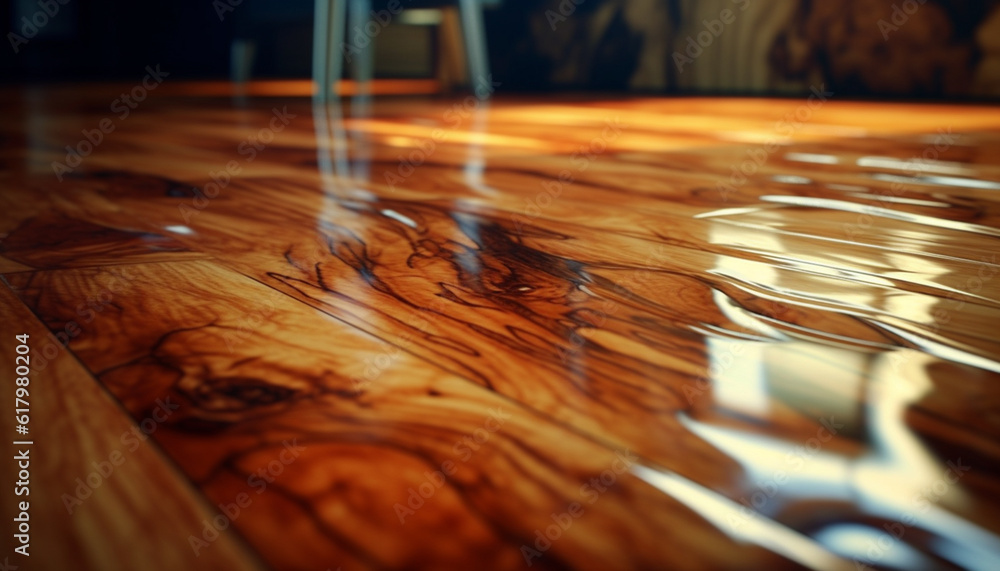 Hardwood flooring reflects abstract patterns of nature in domestic rooms generated by AI