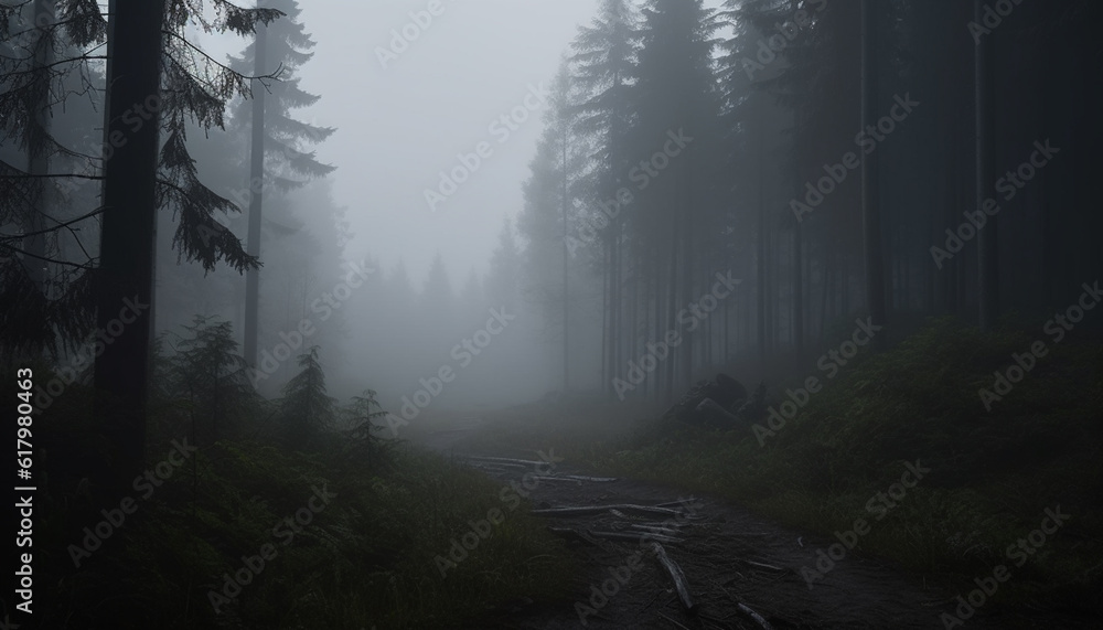 Naklejka premium A spooky forest footpath vanishing into the mysterious fog generated by AI
