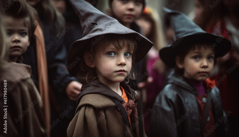 Obraz premium Cute children playing outdoors in spooky Halloween costumes, smiling happily generated by AI