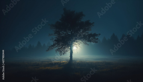 Spooky silhouette in tranquil forest, illuminated by moonlight and stars generated by AI