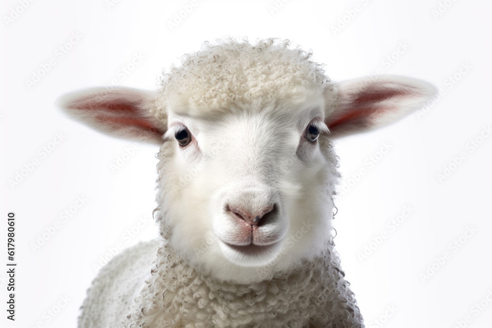 Fototapeta premium Closeup portrait of a cute sheep or lamb isolated on a white background