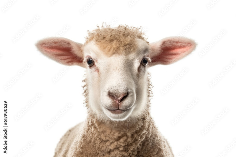 Closeup portrait of a cute sheep or lamb isolated on a white background