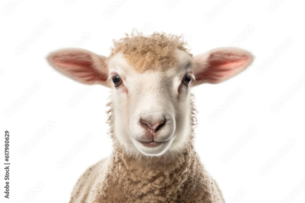 Fototapeta premium Closeup portrait of a cute sheep or lamb isolated on a white background