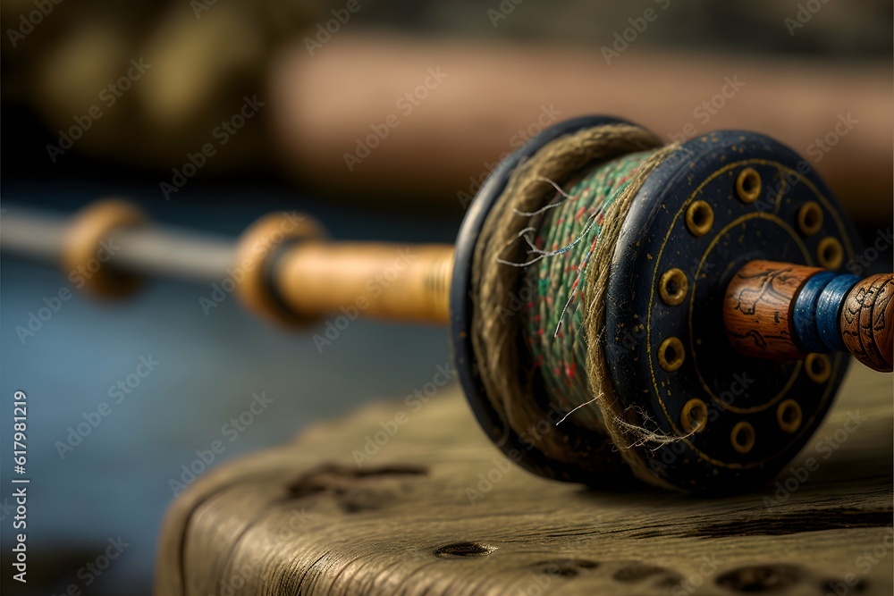a close up of a wood fishing rod from 1944 in Northern Norway Macro lens highly detailed  - obrazy, fototapety, plakaty 