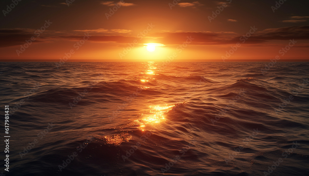 Tranquil sunset over blue water, a vibrant tropical paradise awaits generated by AI