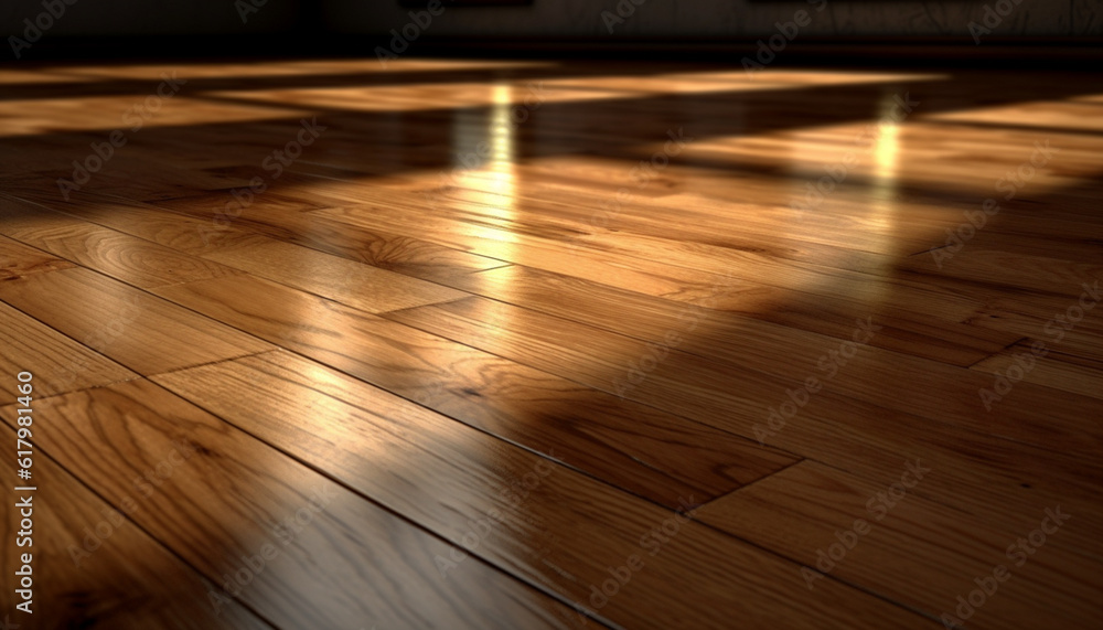 Dark hardwood flooring creates abstract pattern in modern empty space generated by AI
