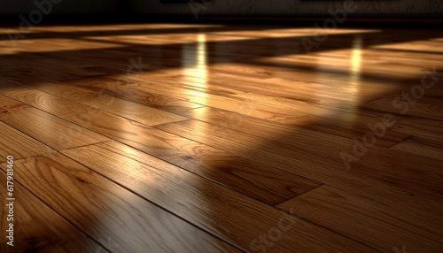 Dark hardwood flooring creates abstract pattern in modern empty space generated by AI