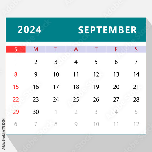 September 2024 calendar template. Vector design