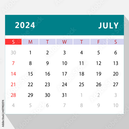 July 2024 calendar template. Vector design