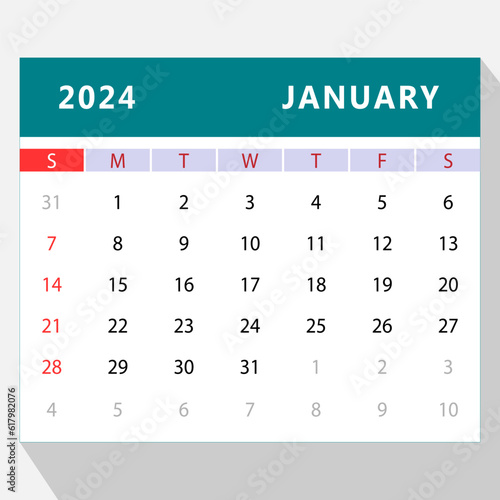 January 2024 calendar template. Vector design