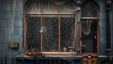 Spooky spider web on old window, perfect Halloween decoration generated by AI