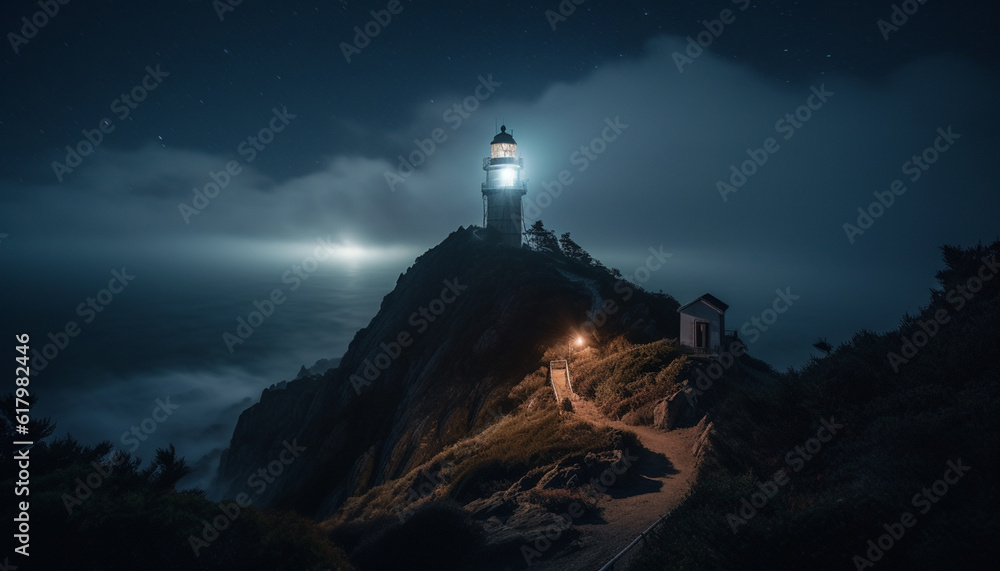 Silhouette of famous beacon illuminates dark coastline on moonlit night generated by AI