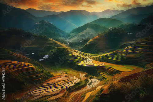 rice fields at sunrise in Vietnam, generative AI